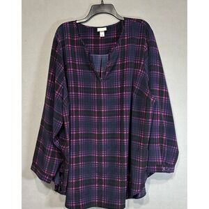 Women's Plaid V-Neck Tunic Top - Purple/Black